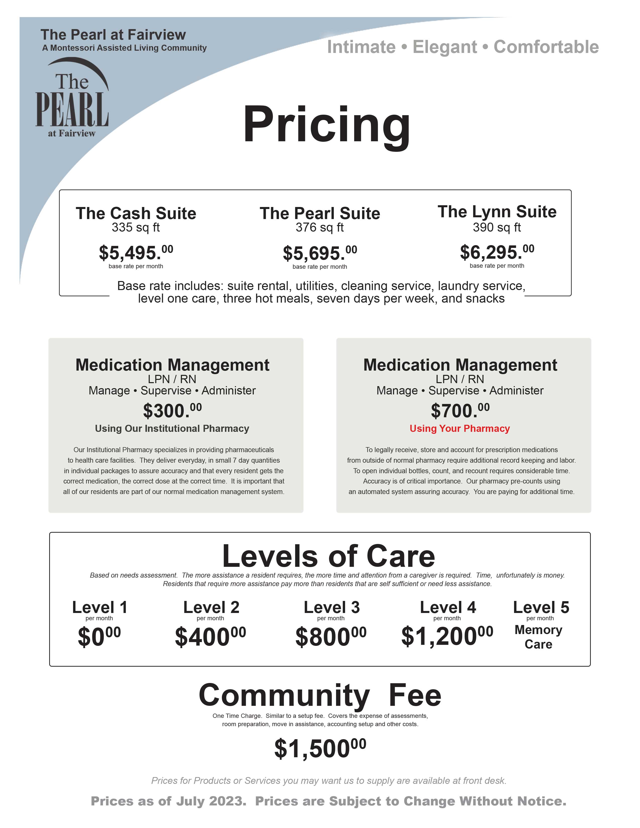 The Pearl At Fairview Assisted Living Community Price List