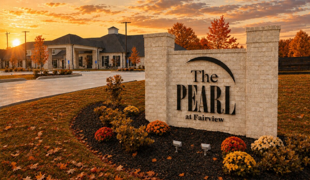 The Pearl at Fairview entrance at sunset