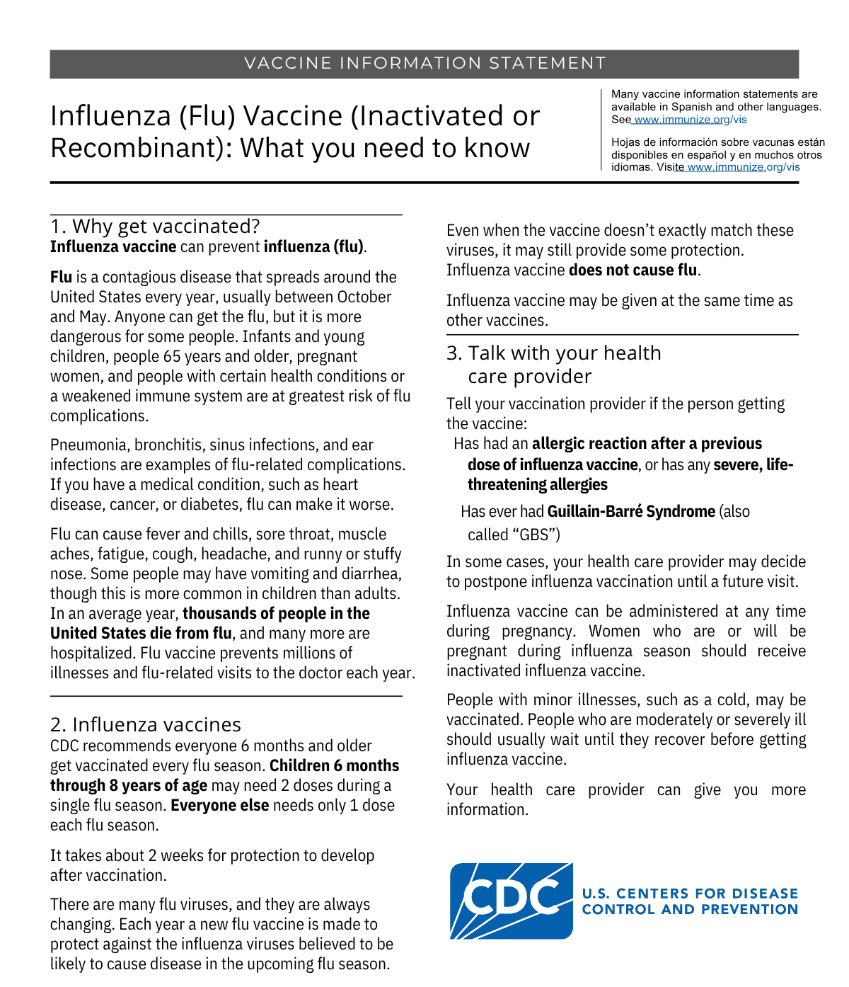 Vaccine Information Statement – Influenza Vaccine page 1