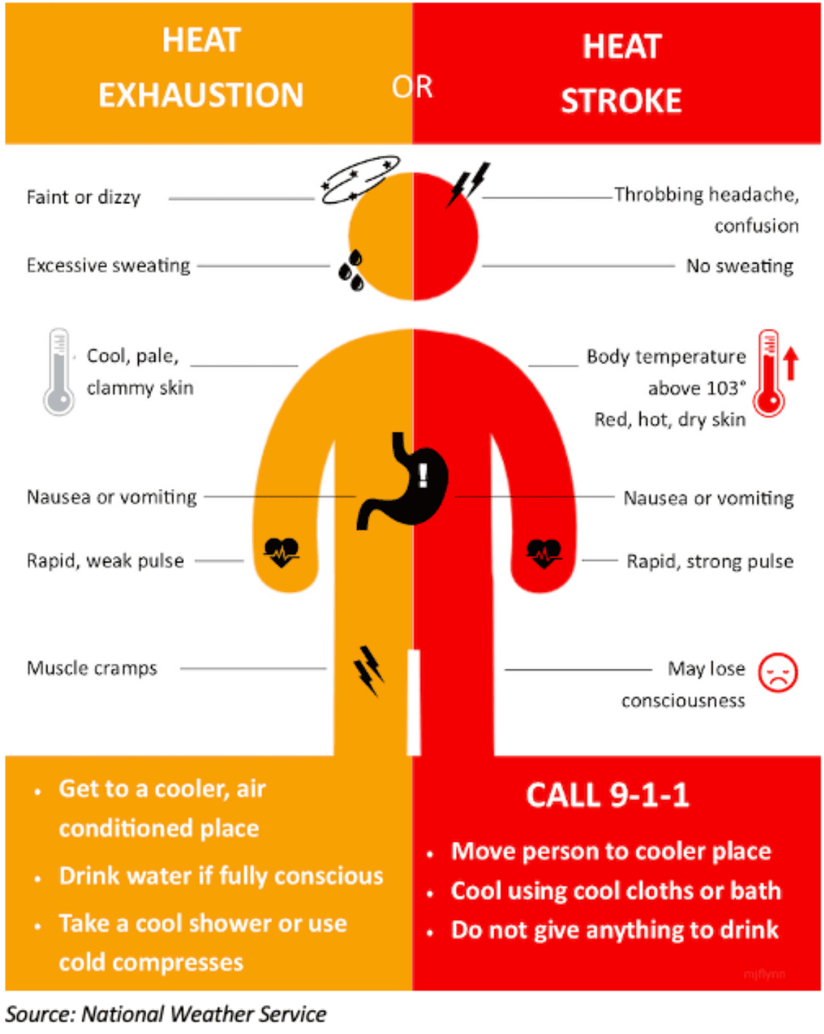 Heat exhaustion and heat stroke warning signs infographic